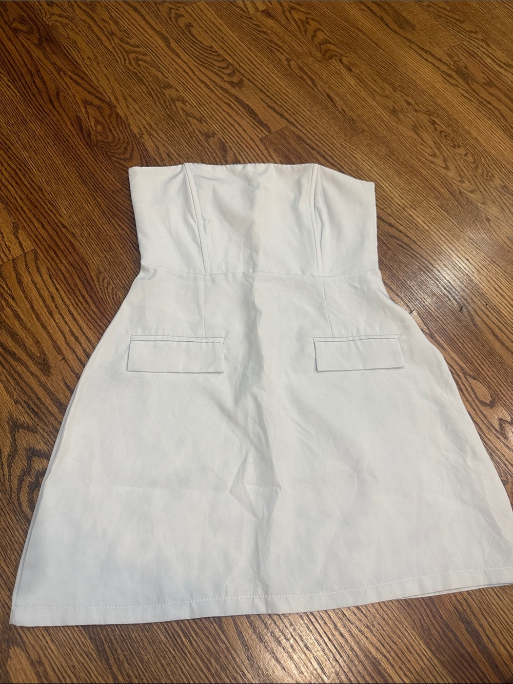 Strapless White Mini Dress with Flap Pocket Detail